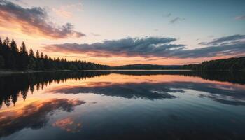 Serene Sunset Reflection on a Calm Lake photo