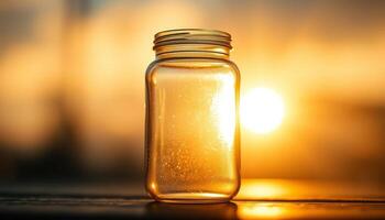 Empty Glass Jar at Sunset Warm Golden Light and Dark Background photo
