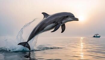 Dolphin Leaping at Sunrise Over Calm Ocean Water photo