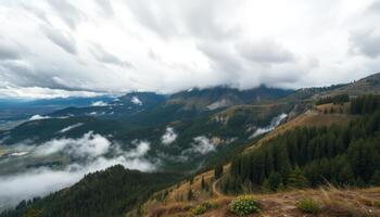 Misty Mountain Landscape with Rolling Green Hills and Low Clouds photo