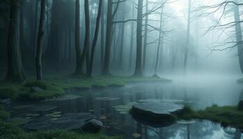 Misty Pixelated Forest Pond Scene photo