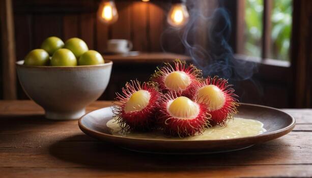 humeante rambután Fruta con limas en rústico de madera mesa foto