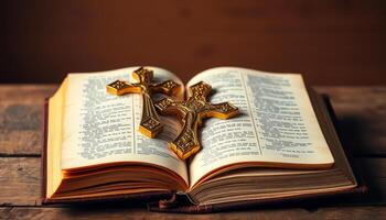 Open Book With Decorative Gold Crosses On Wooden Surface photo