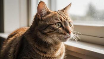 Close-up Portrait of a Brown Tabby Cat Gazing Thoughtfully out a Sunlit Window photo