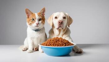 Friendly Labrador Retriever and Ginger Cat Sitting Beside Bowl of Pet Food on Gray Background photo