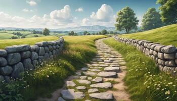 Stone Path Through Sunny Green Field with Wildflowers photo