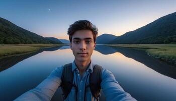 Young Man Selfie by Calm River at Sunset with Mountains photo