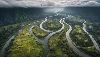 a Aerial View of Meandering River in Lush Green Valley photo