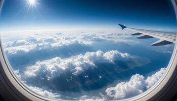 Airplane Window View Bright Sun, Fluffy Clouds, and Blue Sky photo