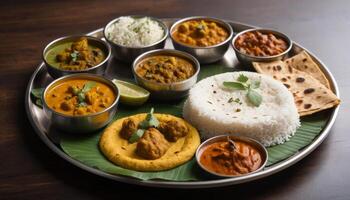 Assorted Indian Curries and Rice on a Metal Platter photo