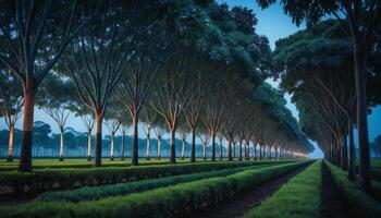 Twilight Tree Lined Path with Lush Green Hedges photo