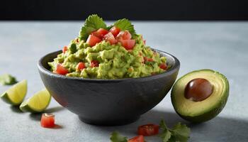 Fresh Guacamole in Dark Bowl with Tomatoes and Cilantro photo