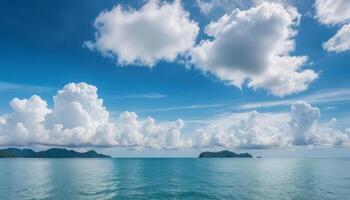 Tropical Ocean View with Fluffy White Clouds and Blue Sky photo