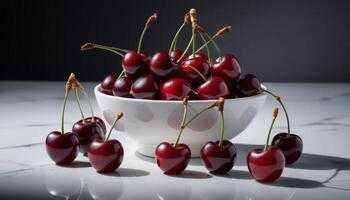Fresh Red Cherries in White Bowl on Marble Surface photo