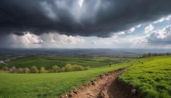 Panoramic View Of Green Hills And Town Under Dramatic Storm Clouds photo