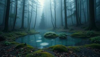 Mystic Foggy Forest Scene With Pond Reflection photo