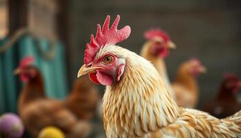 Close Up Portrait Of Rooster With Group Of Chickens photo