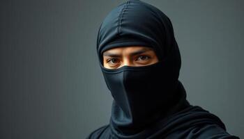 Close Up Portrait of a Person Wearing a Black Hood and Mask Against a Gray Background photo