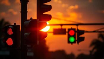 Sunset Traffic Lights In Cityscape photo