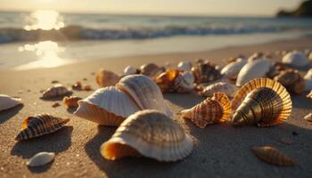 a Seashells on Sandy Beach at Sunset photo