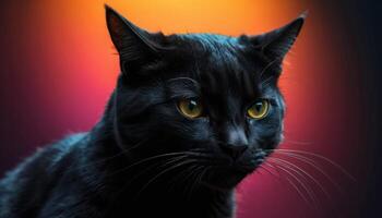 Close Up Portrait Of A Black Cat With Vibrant Gradient Background photo