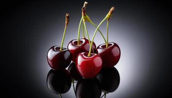 Close Up Red Cherries Against Dark Background photo