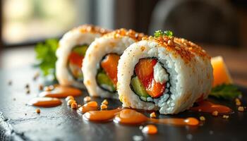 Close Up Sushi Rolls with Fresh Ingredients and Spicy Sauce on a Dark Plate photo