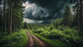 Dark Stormy Clouds Over Lush Green Forest Path photo