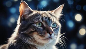 Close-Up Portrait of a Striped Tabby Cat with Sparkling Green Eyes Against a Blurred Background photo