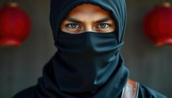 Close Up Portrait of a Ninja Warrior with Intense Gaze photo