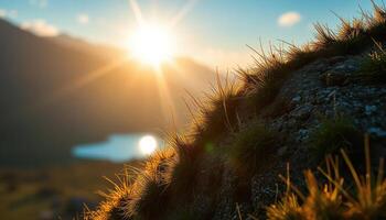 Sunrise Over Mountain Lake Dew-Covered Plants in Warm Light photo