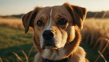 Close Up Portrait Of A Dog In A Field At Sunset photo