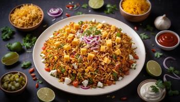 Cheesy Noodle Dish with Cilantro and Lime Garnish photo