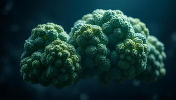 Close Up Studio Shot of a Green Textured Broccoli Vegetable Isolated on a Dark Background photo