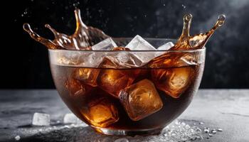Dark Brown Liquid Splashing in Glass Bowl with Ice photo