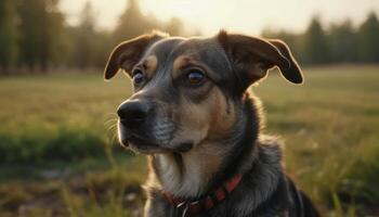 Close Up Portrait Of A Dog In A Field At Golden Hour photo
