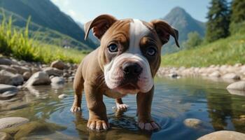 Brown and White Puppy in Mountain Stream photo