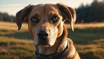 Close Up Portrait Of A Brown Dog In A Field photo