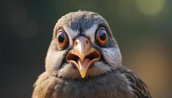 Close Up Portrait of a Small Gray Bird with Orange Eyes and Open Beak photo