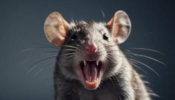 Close Up Portrait of a Grey Rat with Open Mouth and Visible Teeth Against Dark Background photo