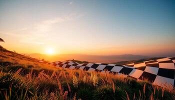 Sunrise Mountain Landscape With Painted Chessboard Pattern photo