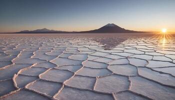 Sunset over a Vast Salt Flat with Cracked Earth Patterns and Distant Mountains photo