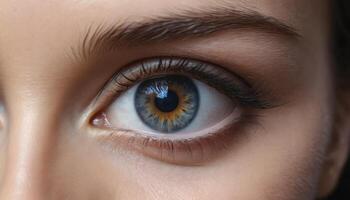 Close-Up Portrait of a Bright Blue and Brown Hazel Eye with Lush Eyelashes and Shimmering Skin photo