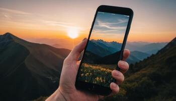 Hand Holding Smartphone Displaying Scenic Mountain View at Sunset with Vibrant Colors photo