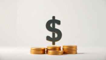 Metallic Dollar Sign Above Gold Coin Stacks on White Background photo