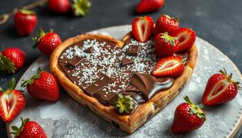 Heart Shaped Chocolate Strawberry Dessert With Coconut Flakes photo