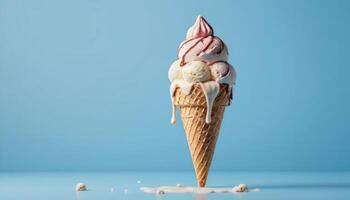 Melting Ice Cream Cone on Blue Background photo