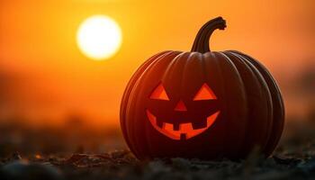 Illuminated Carved Pumpkin At Sunset photo
