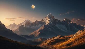Majestic Mountain Range Under a Bright Full Moon in the Evening Sky photo