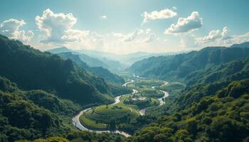 Panoramic Valley View With Winding River And Lush Forest photo